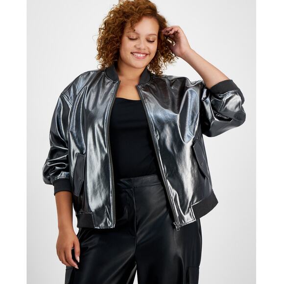 Bar III Plus 3X Silver Foil Faux Leather Bomber Jacket Metallic Moto Biker Disco - Picture 3 of 13